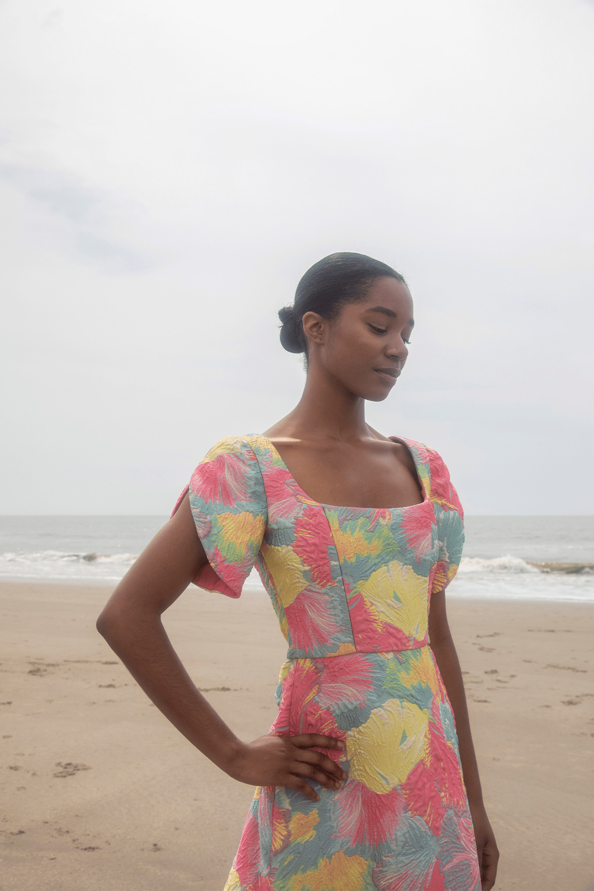 Astrid Square Neck Midi Dress with Petal Sleeve in Sherbert Floral Brocade - 5