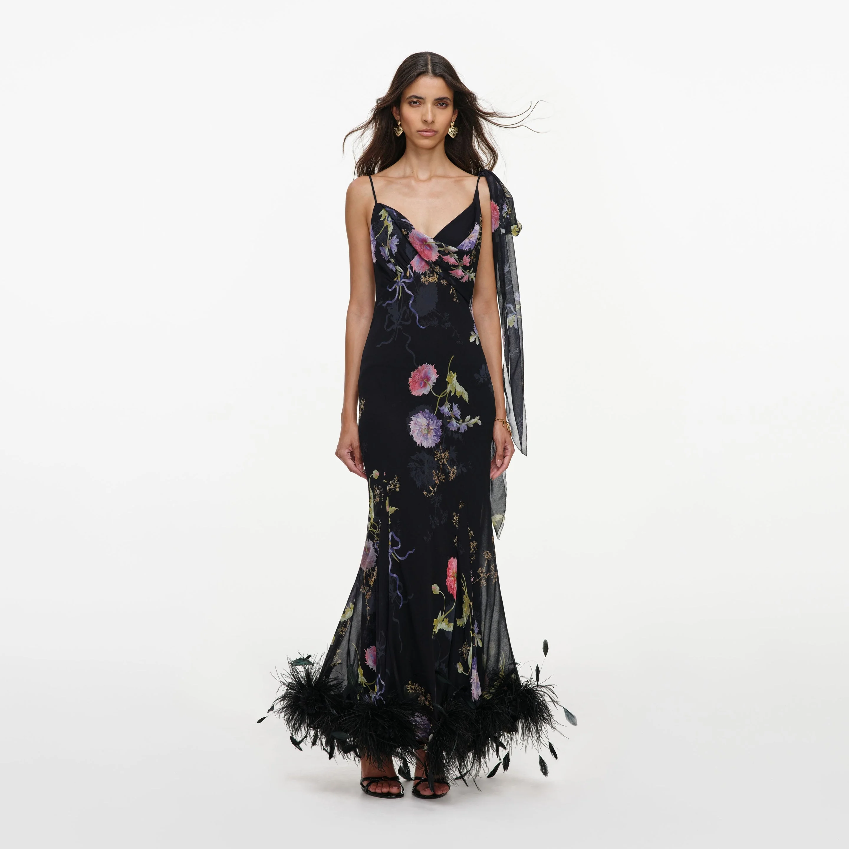 Black Floral Georgette Feather Maxi Dress - 1