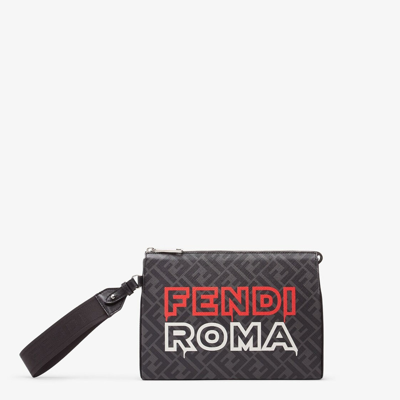 Clutch bag made of black and gray FF fabric. Features an internal compartment with zipper closure, c 1