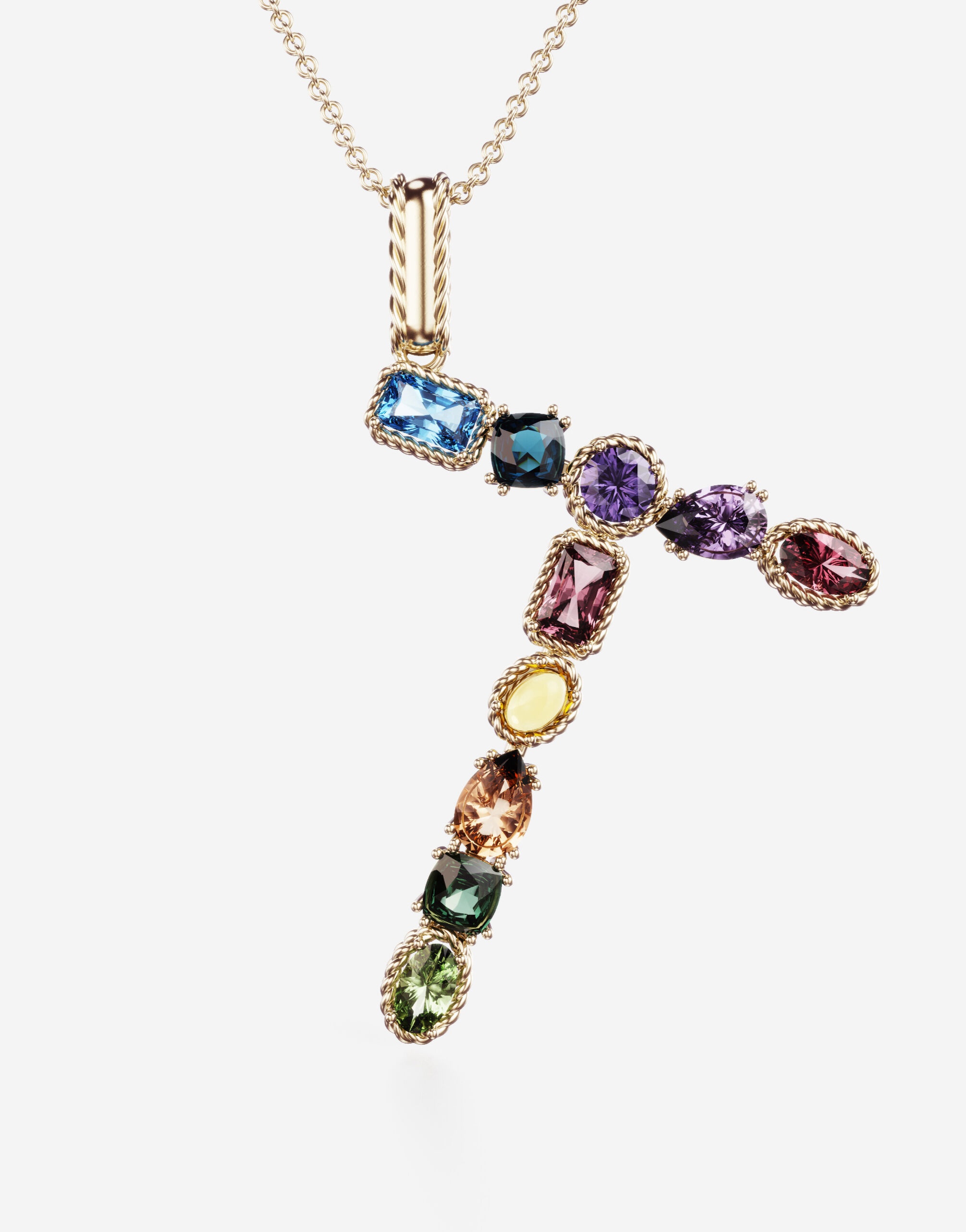 Rainbow alphabet T pendant in yellow gold with multicolor fine gems - 2