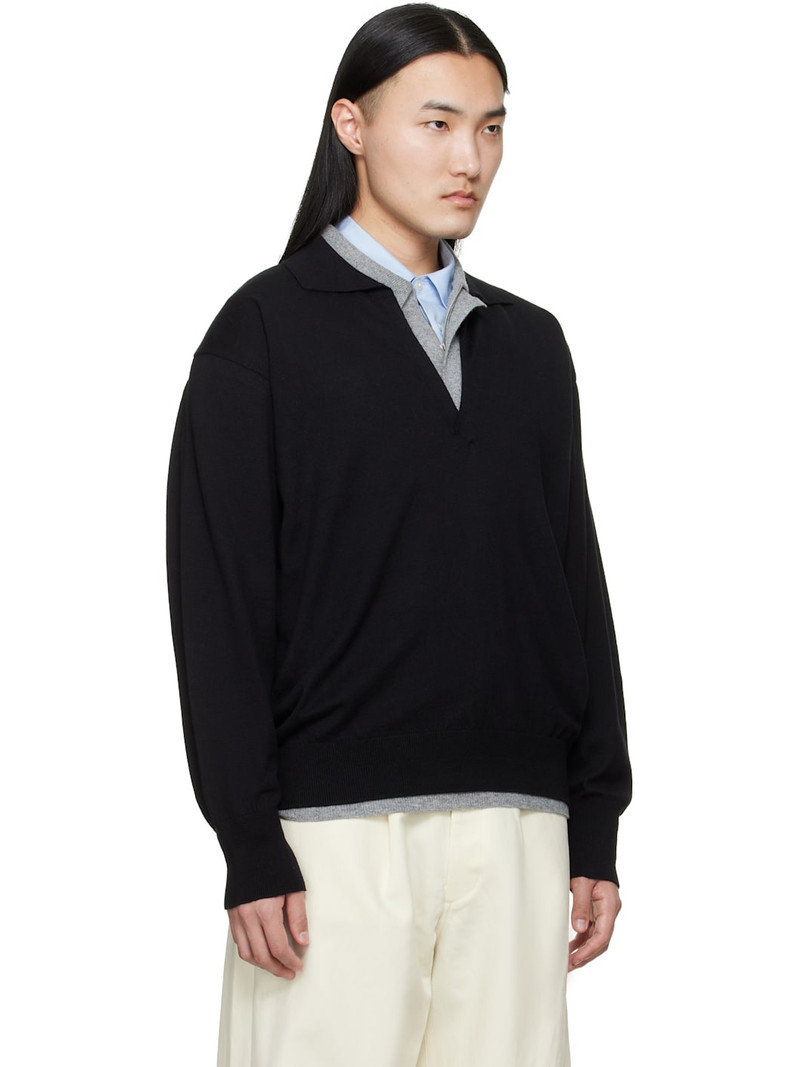 Black Organic Cotton Knit Skipper LS Polo 2