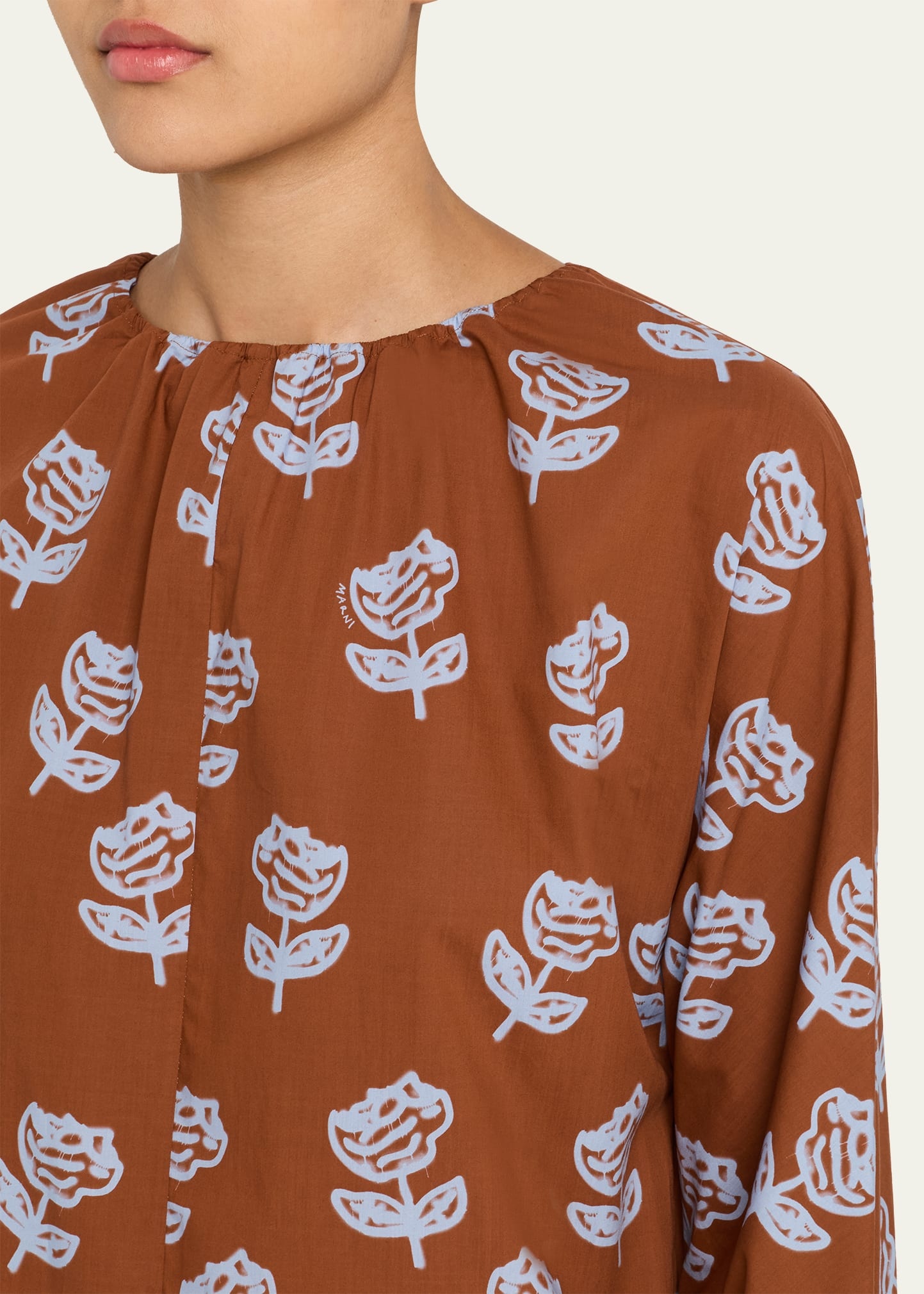 Floral Gathered-Neck Long-Sleeve Midi Dress - 5