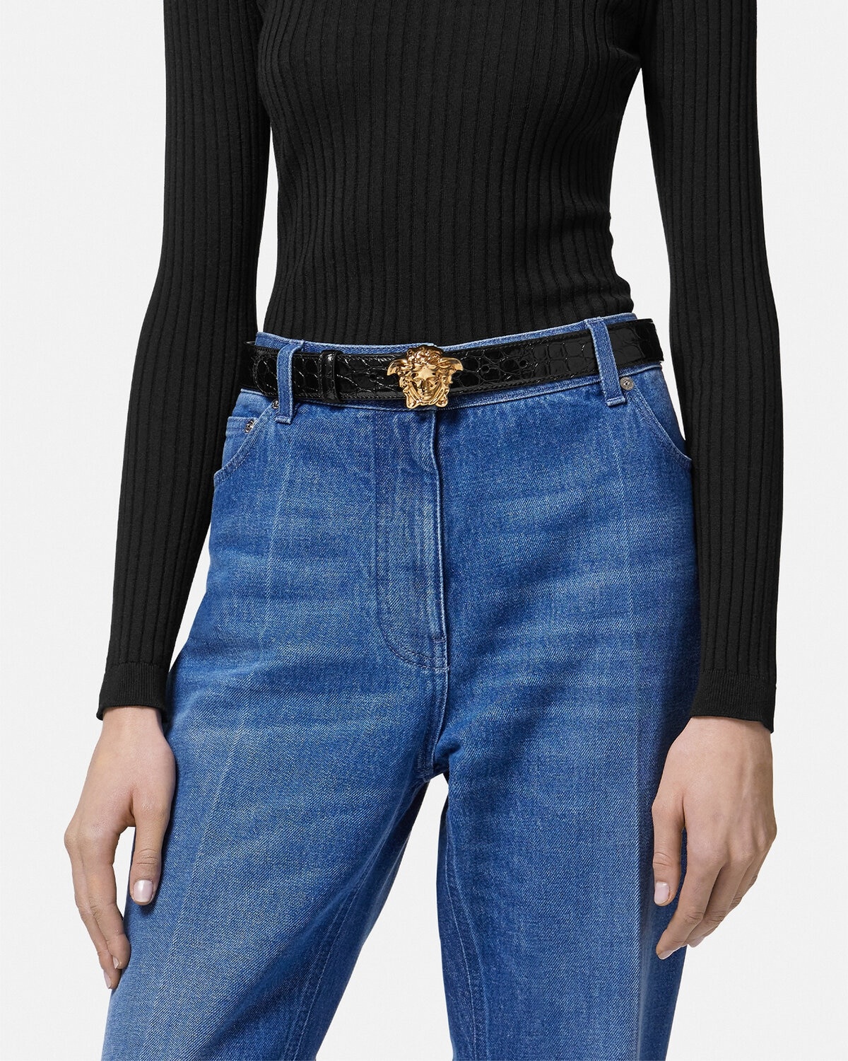 Croc-Effect La Medusa Leather Belt - 3