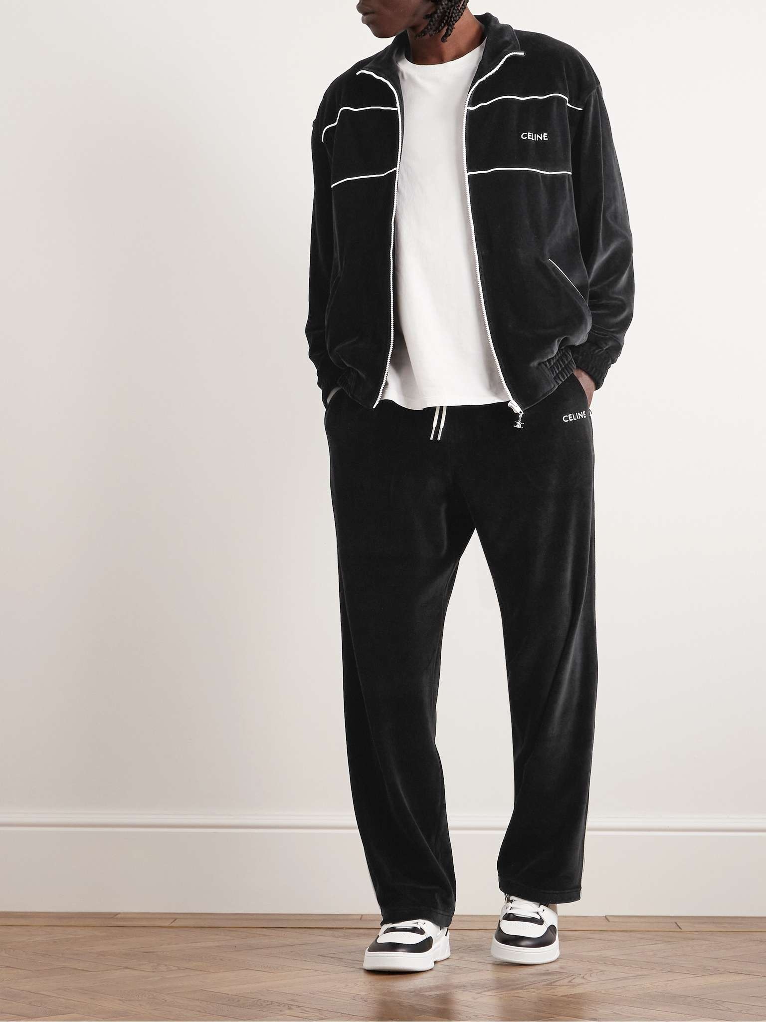 Navy Straight-Leg Logo-Embroidered Cotton-Blend Velour Track