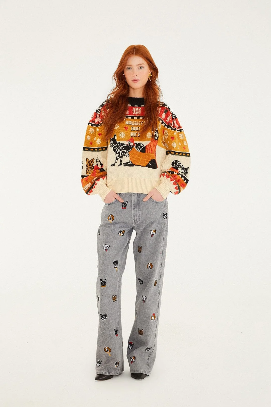 Multicolor Cats And Dogs Embroidery Denim Pants - 1