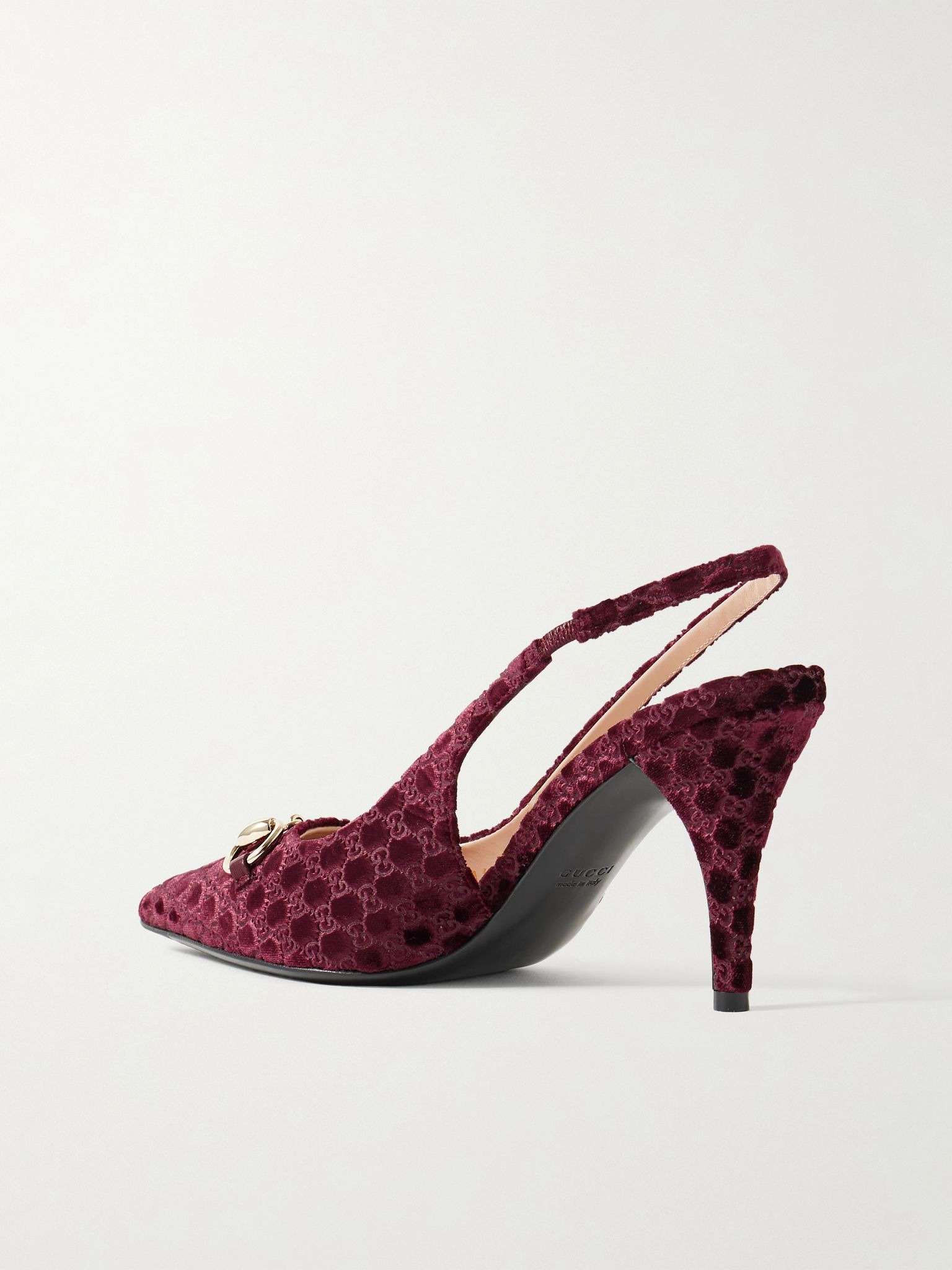 Erin horsebit-embellished devoré-velvet slingback pumps Burgundy - 3