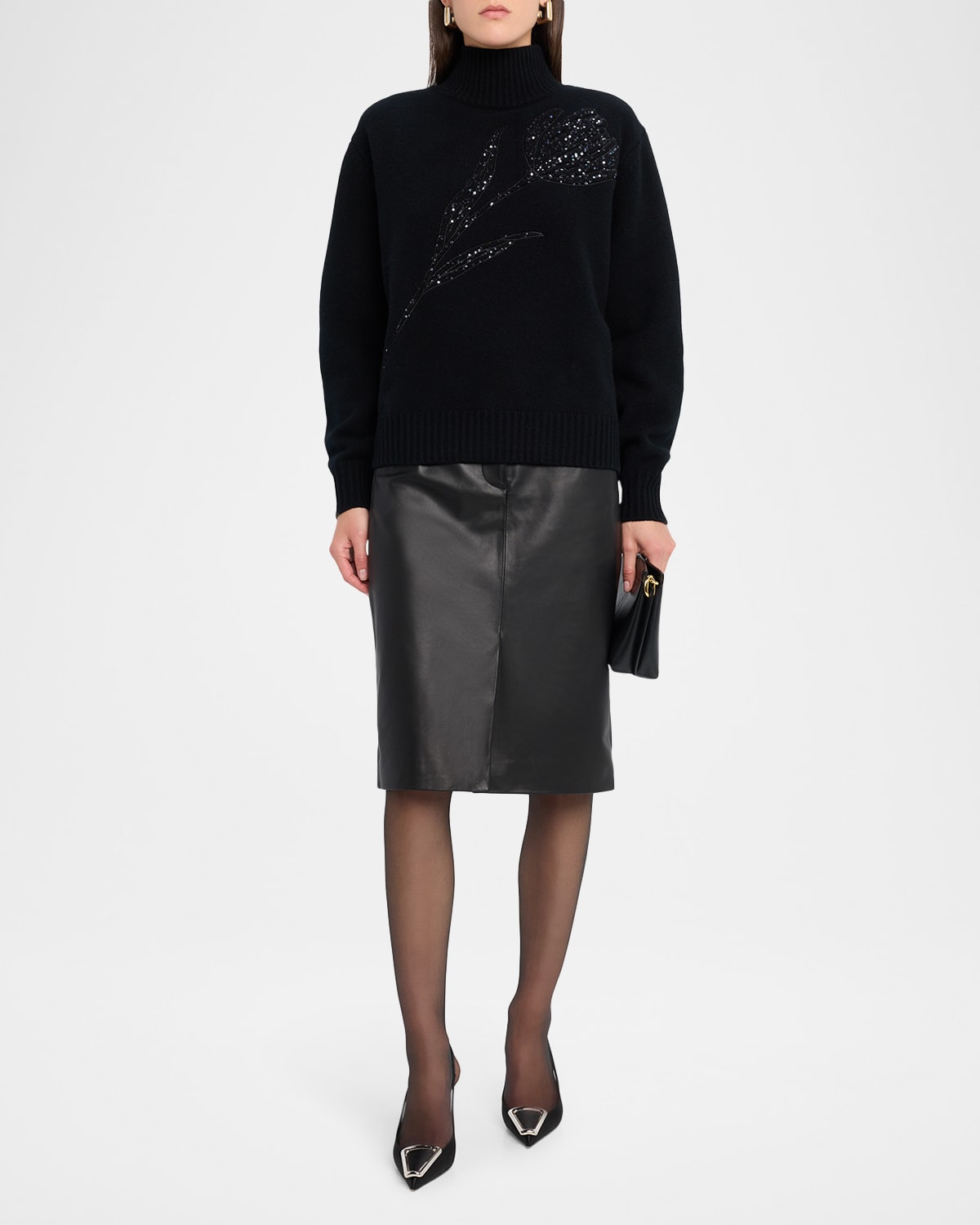 Turtleneck Paillette Rose Wool-Cashmere Sweater - 2