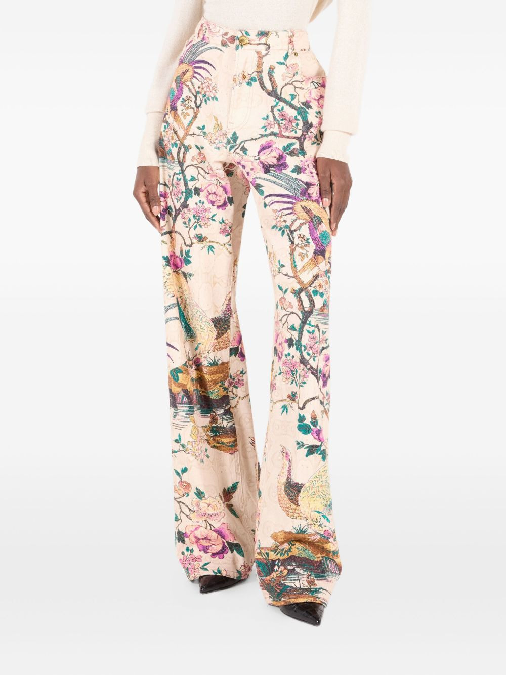 floral-bird print jeans - 3