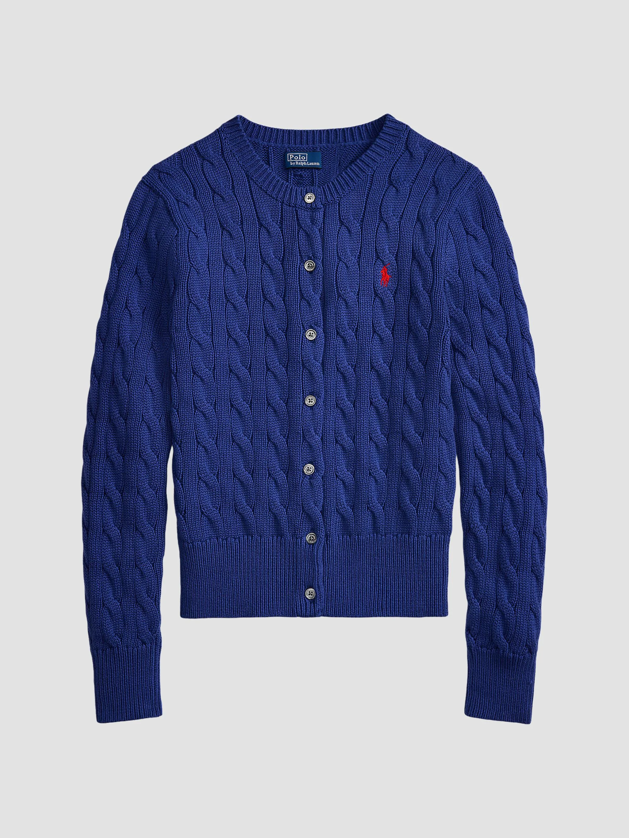 Women's Cable-Knit Cotton Crewneck Cardigan - Charter Blue - 1