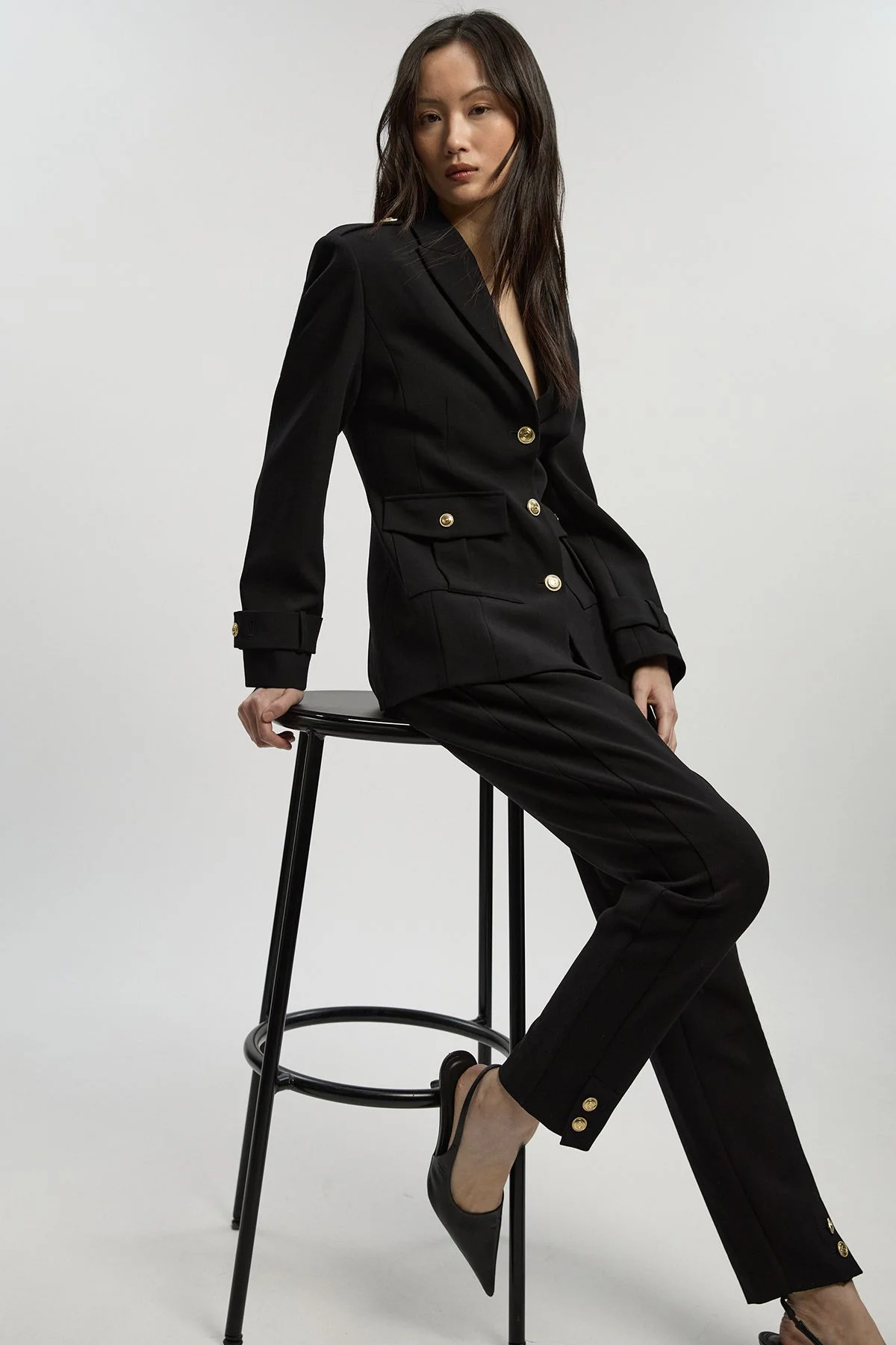 Petite Compact Stretch Tailored Military Straight Leg Trouser - 1