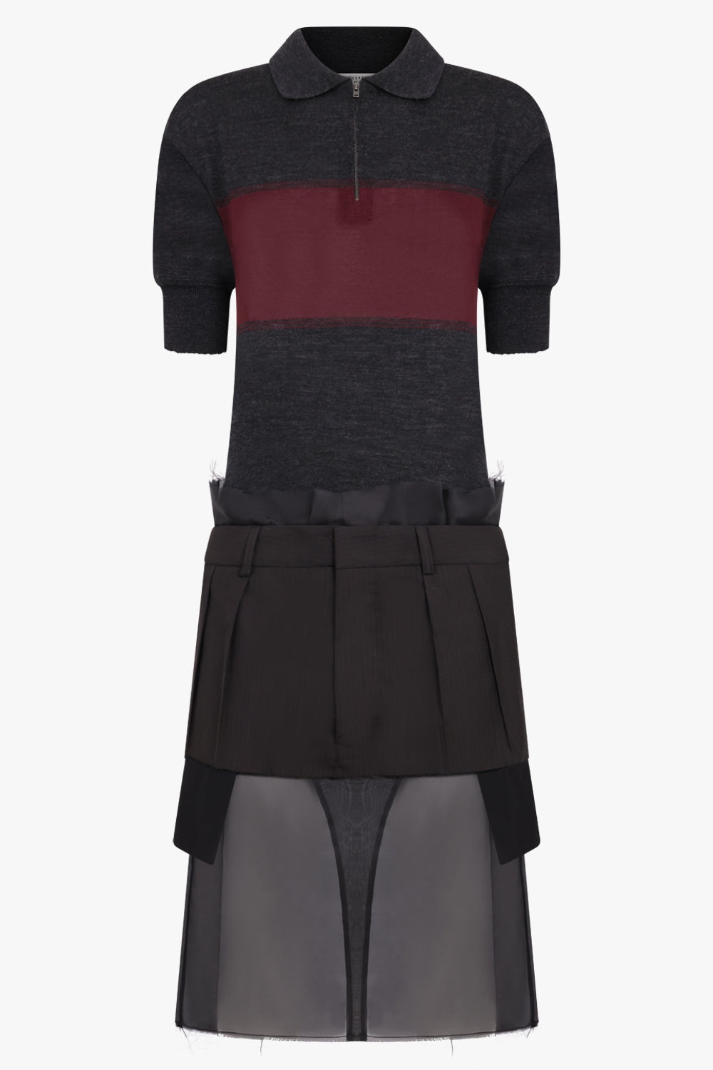 POLO TOP STYLE S/S MIDI DRESS WITH QUILTED SHEER SKIRT | CHARCOAL/BURGUNDY - 1