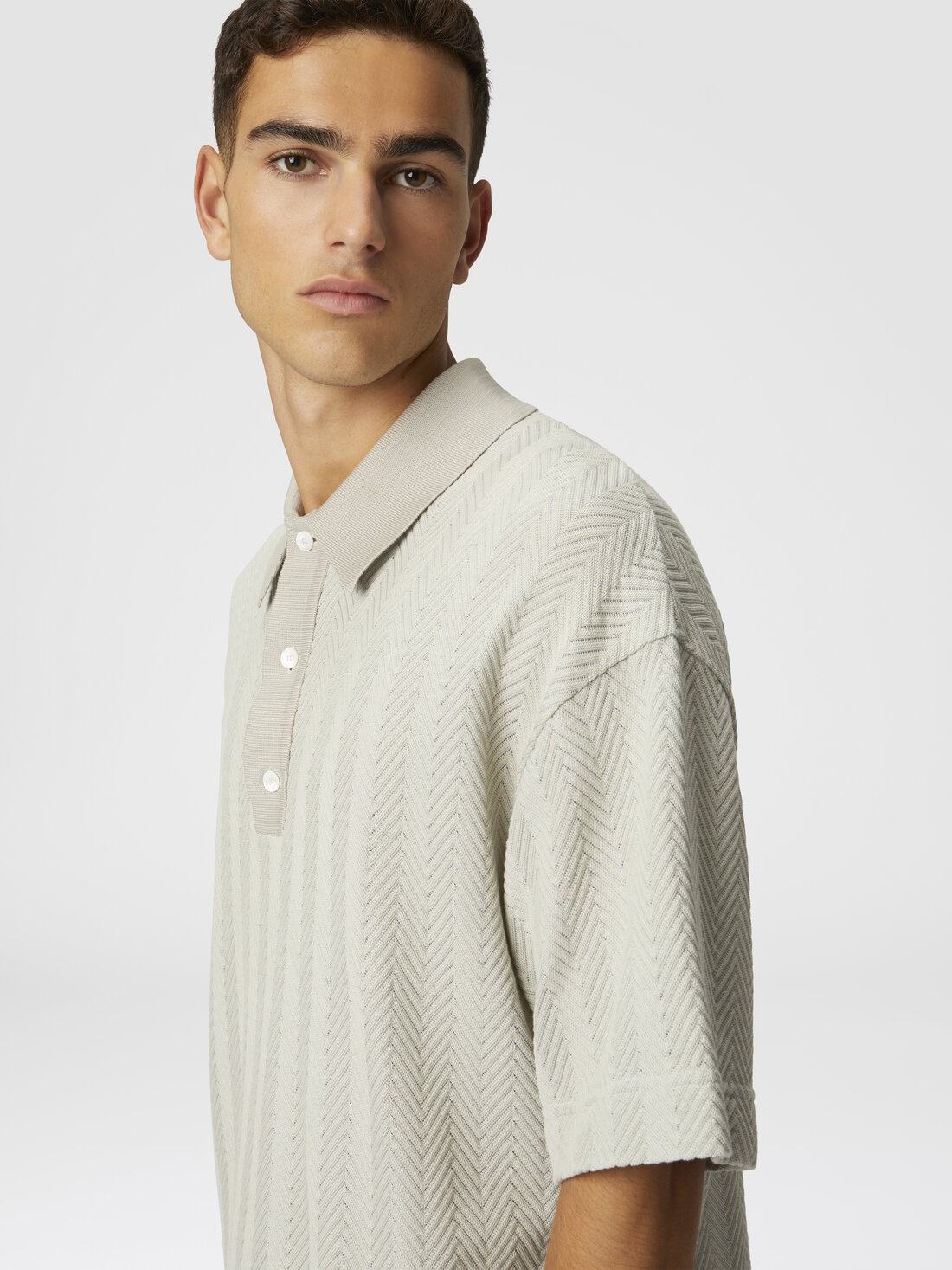 Cotton and viscose polo shirt with tone-on-tone zigzag - 4