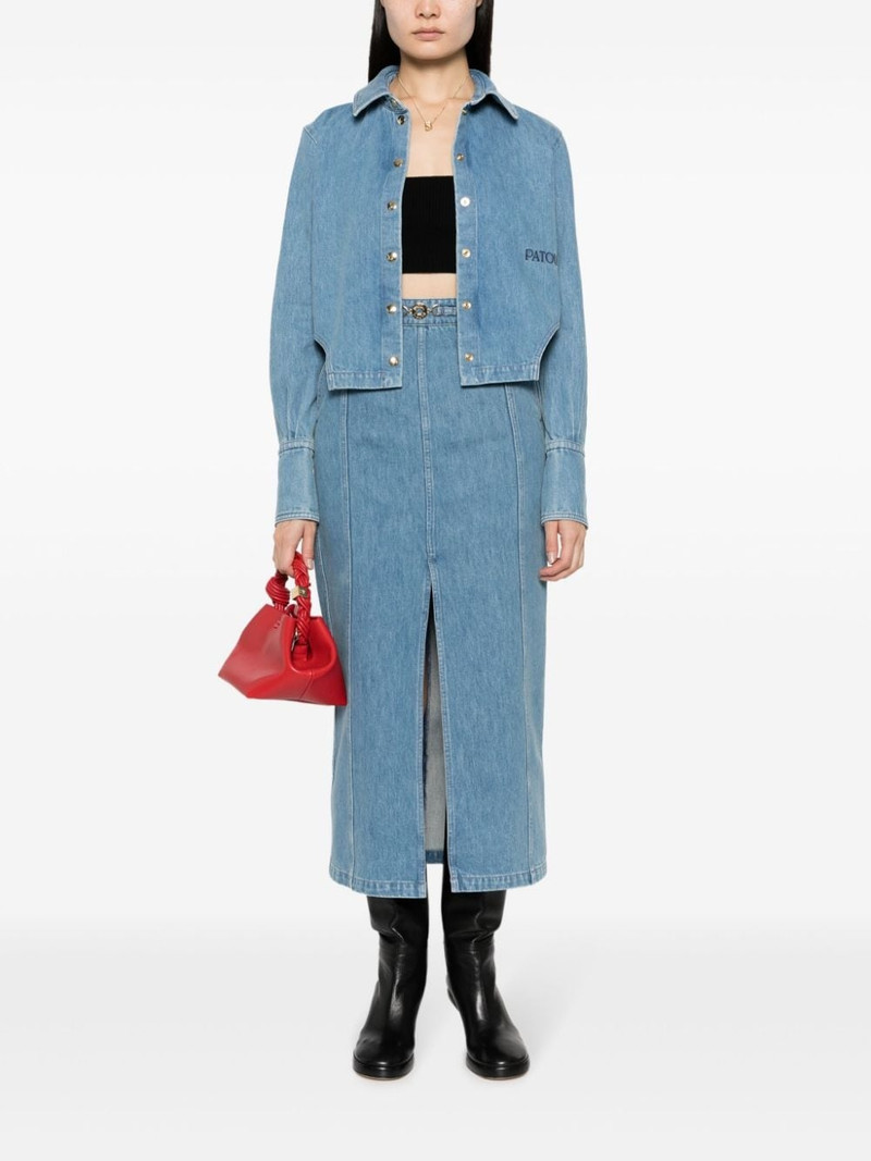 PATOU front-slit denim midi skirt outlook