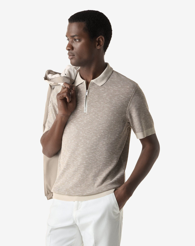 CORNELIANI Brown and white zipped cotton polo shirt outlook