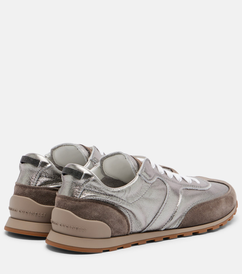 Brunello Cucinelli Monili suede-trimmed metallic leather sneakers outlook