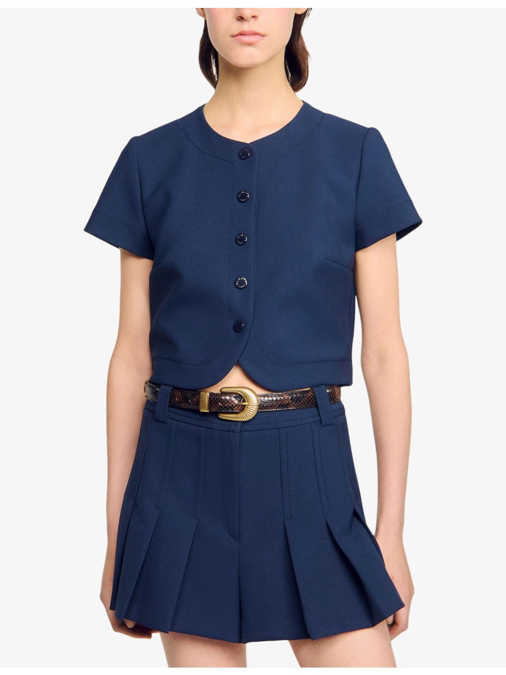 Round-Neck Button-Down Stretch-Woven Crop Top - 3