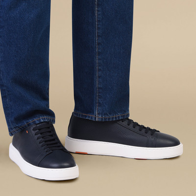 Santoni Men's blue tumbled leather sneaker outlook