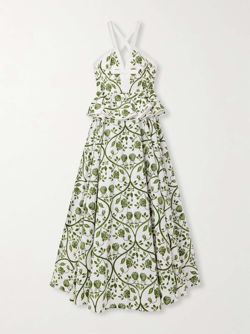 Floral-print cotton-poplin peplum maxi dress Green 1