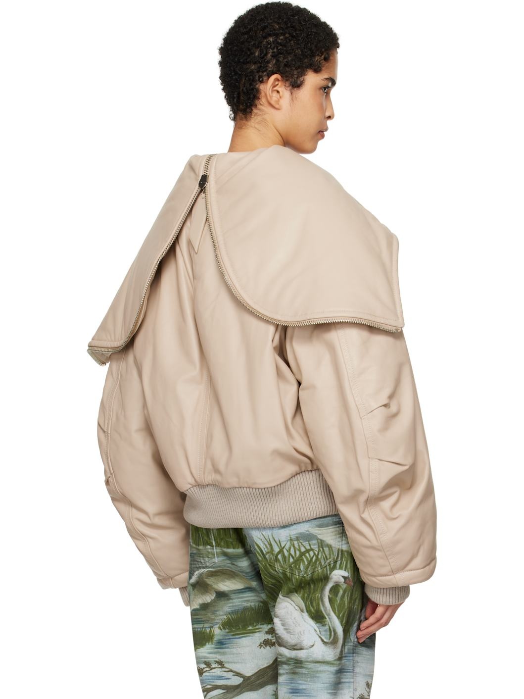Biege Padded Leather Bomber Jacket - 3