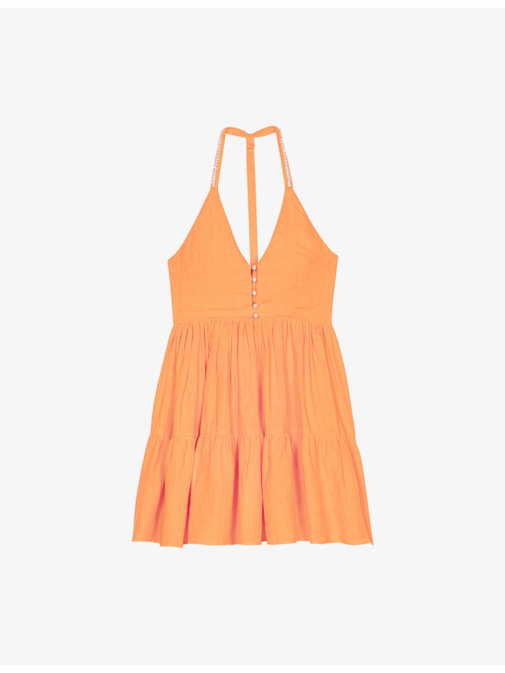 Pearl-Button Ruffle-Skirt Linen Mini Dress - 1