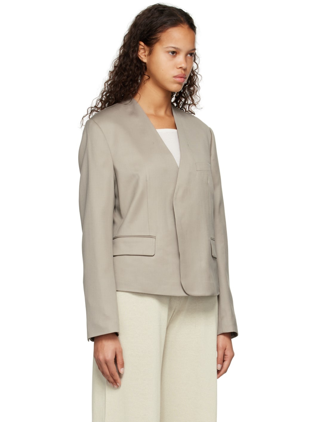 Beige Y-Neck Blazer - 2
