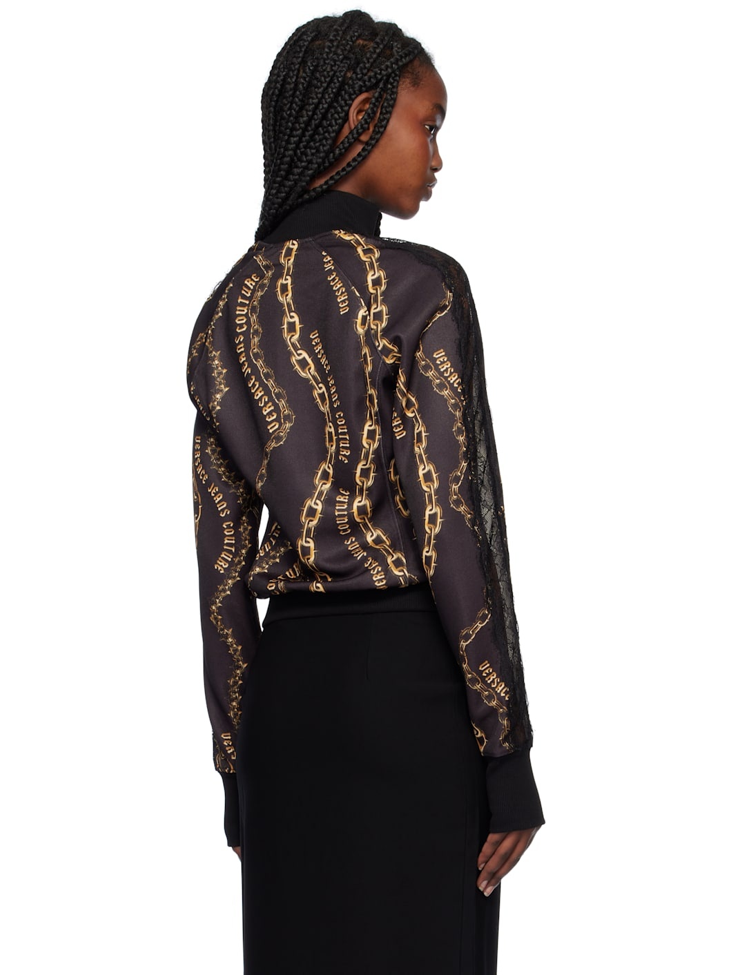 Black & Gold Chain Couture Lace Zip Sweatshirt - 3