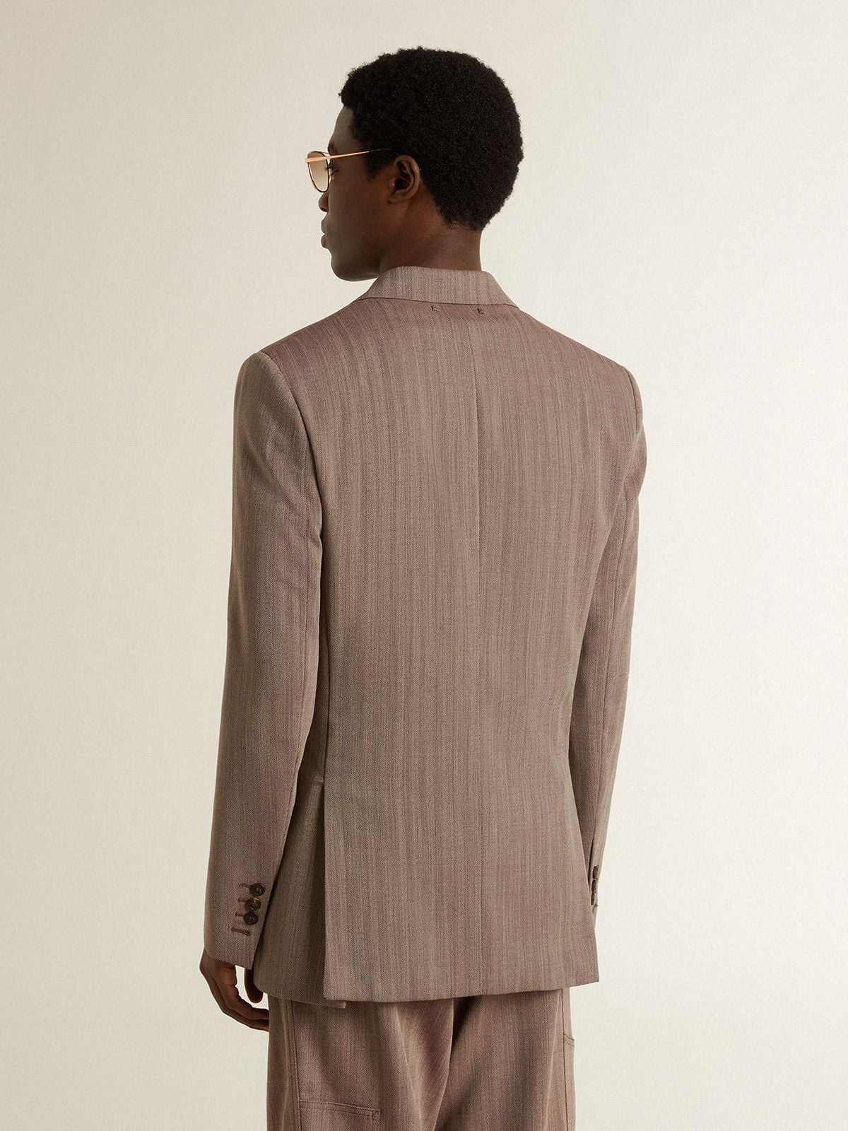 Men's beige chevron wool blend double-breasted blazer - 4
