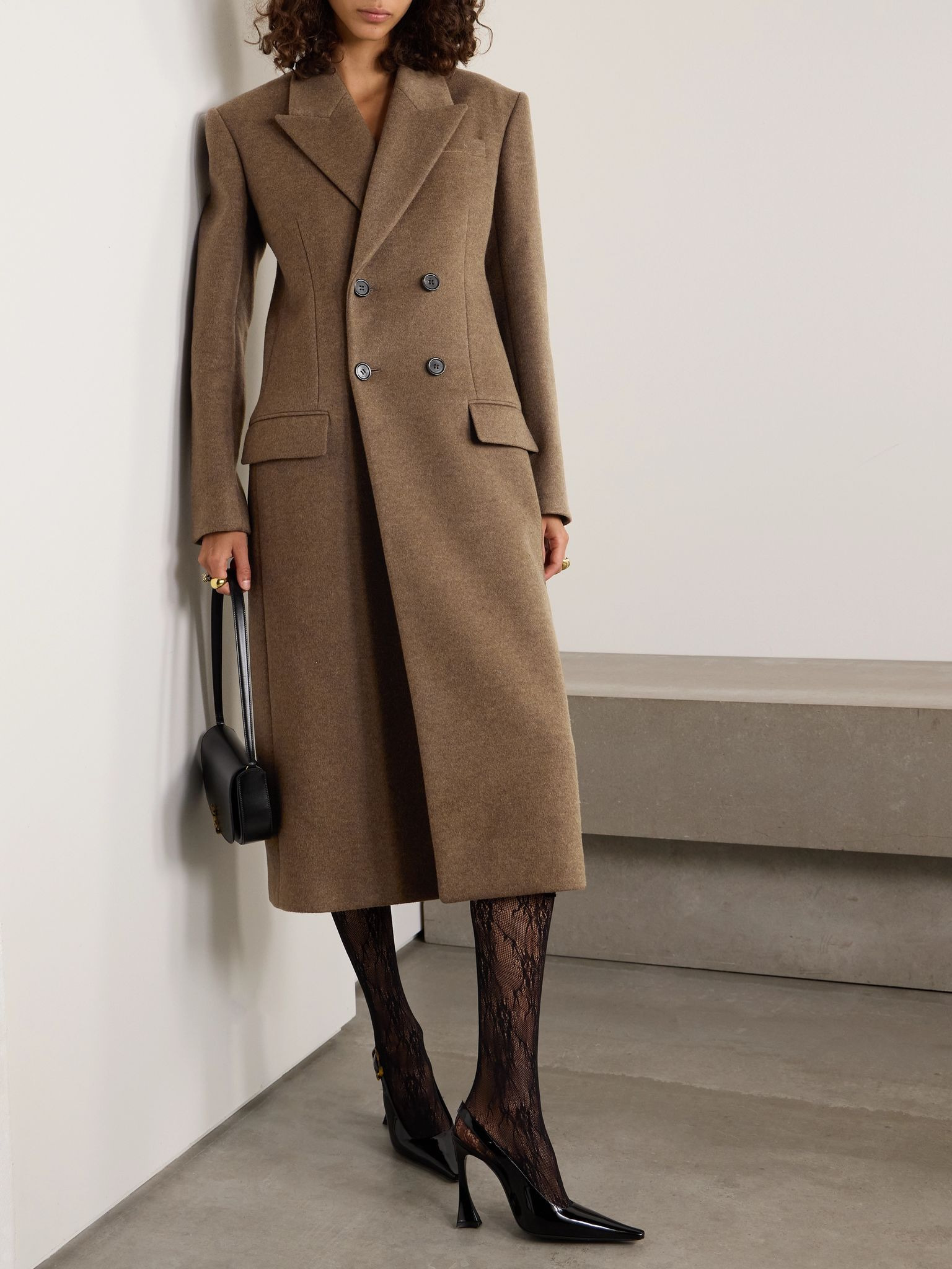 Double-breasted brushed wool and cashmere-blend coat Brown - 3