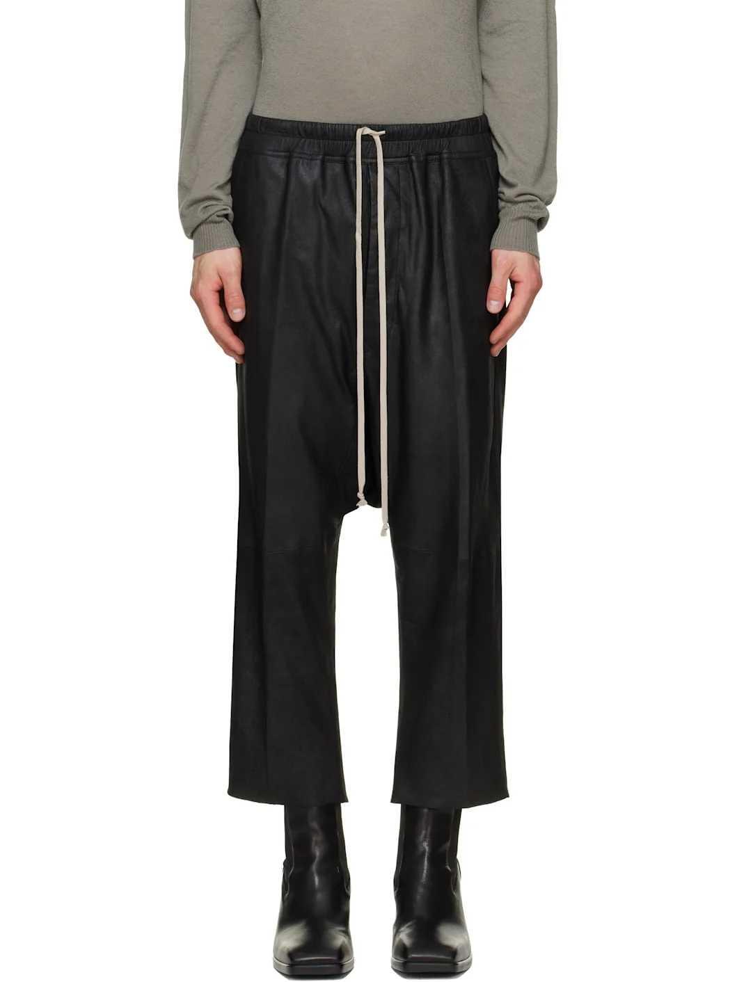Black Tower Drawstring Cropped Leather Pants - 1