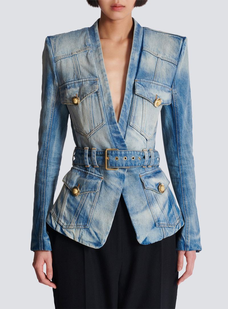 1-button belted denim jacket 5
