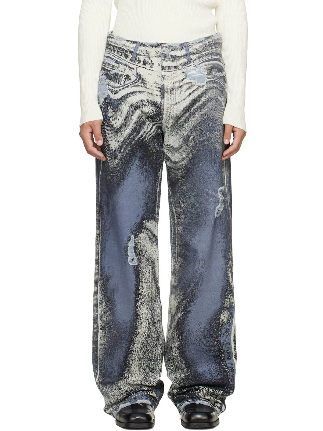 Blue Distorted Print Distressed Denim Jeans - 1