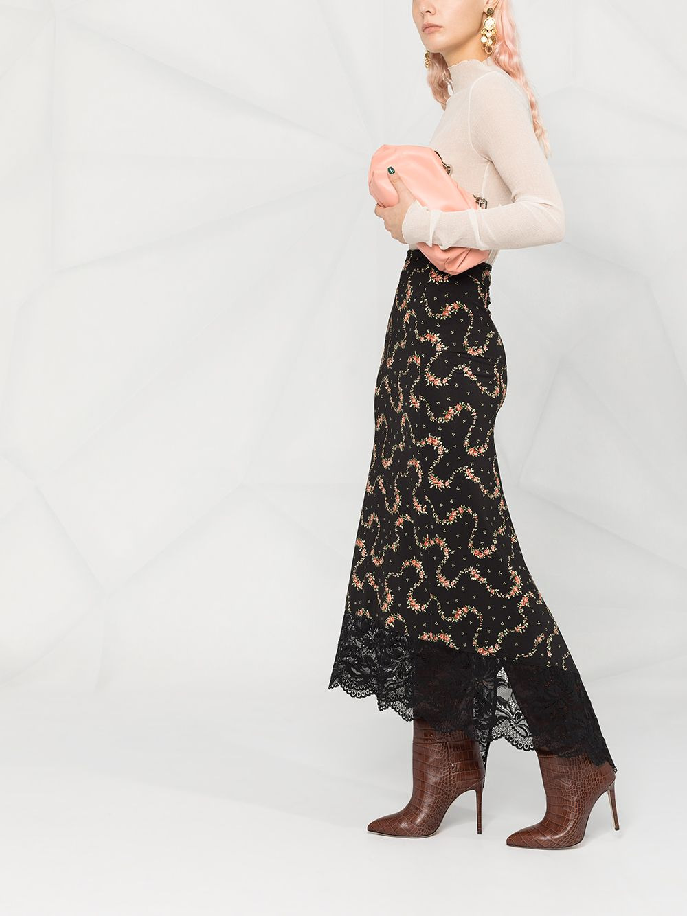 lace-hem floral print skirt - 4