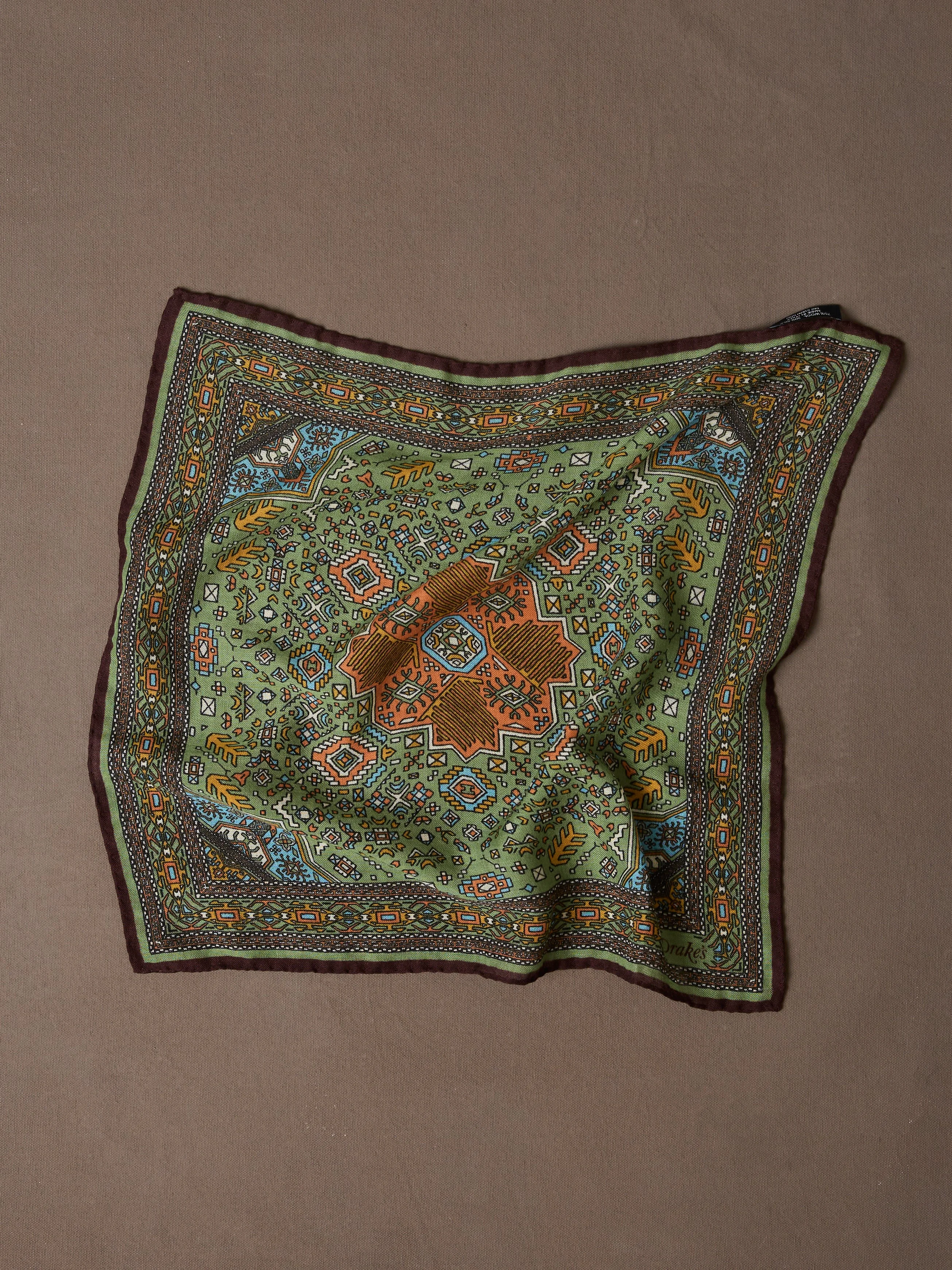 Olive and Burgundy Kelim Print Wool-Silk Pocket Square - 1