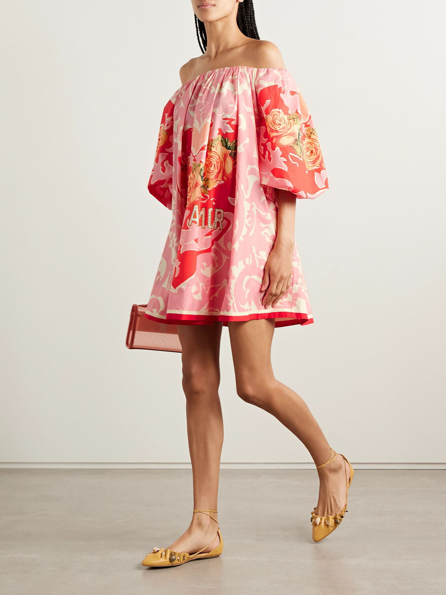 Off-the-shoulder crystal-embellished printed organic cotton-poplin mini dress Pink - 2