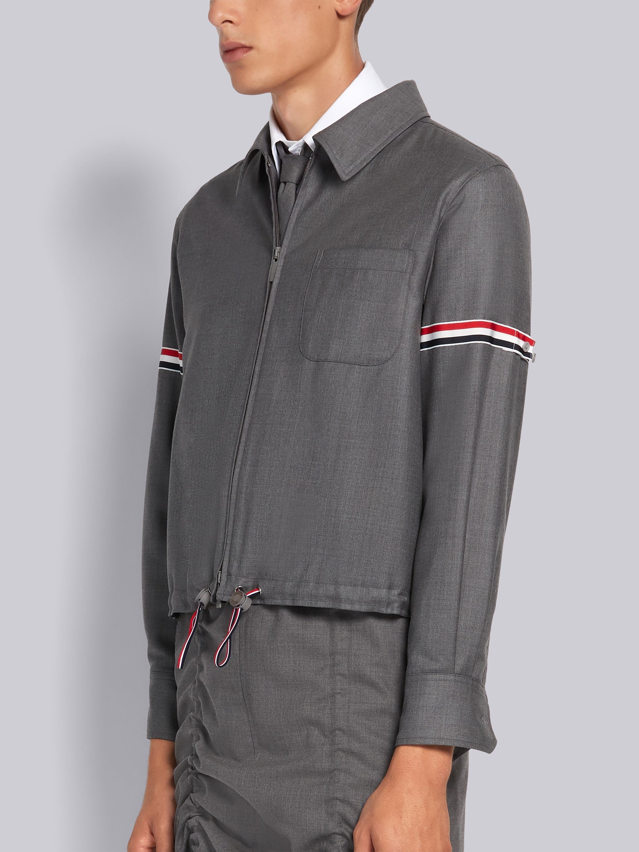 Medium Grey Super 120s Wool Twill Armband Zip-up Shirt Jacket - 2