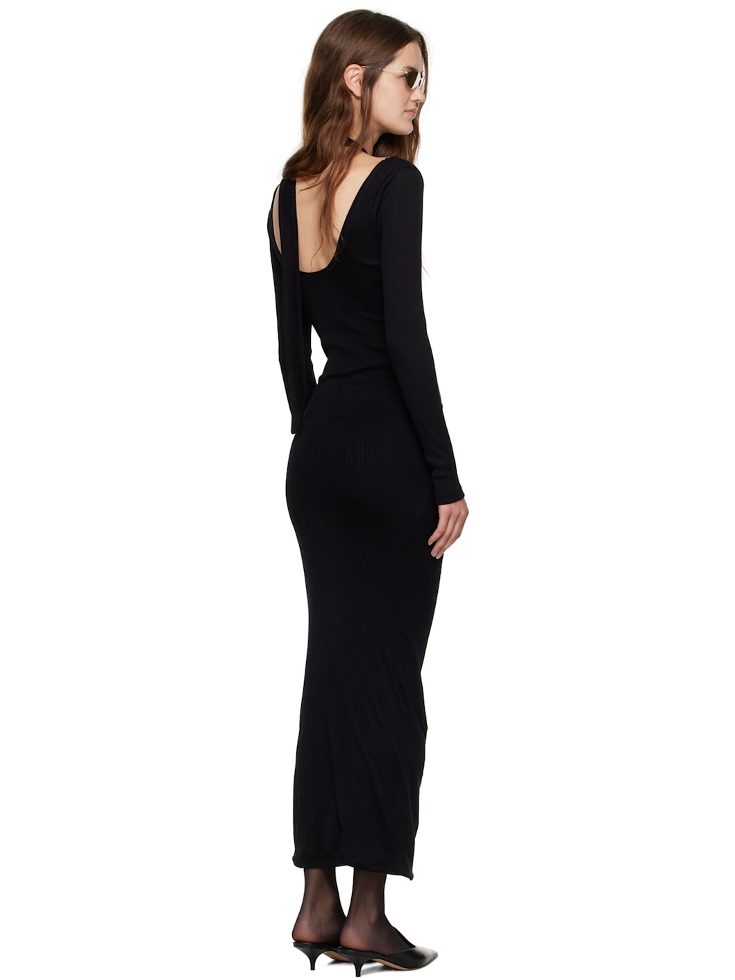 Black Ribbed Twisted Double Layer Piercing Midi Dress - 3