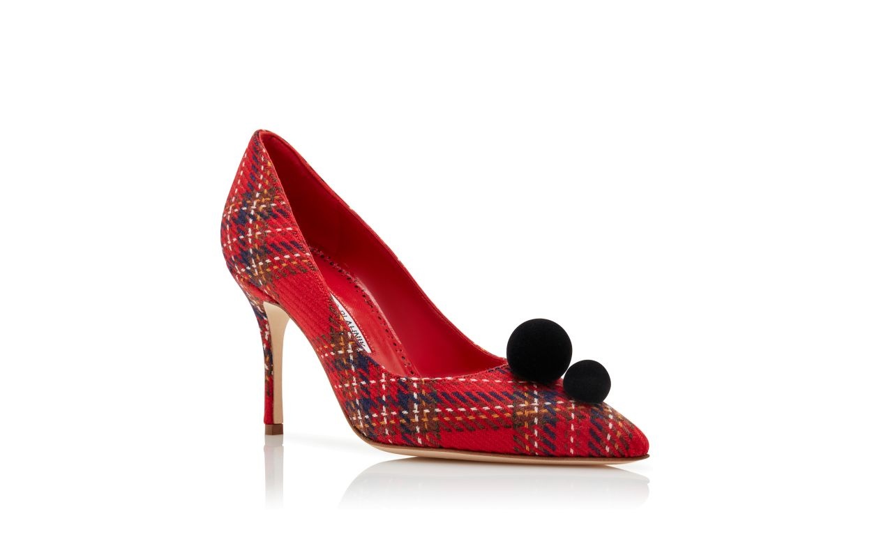 Red Wool Tartan Pom Pom Detail Pumps - 3