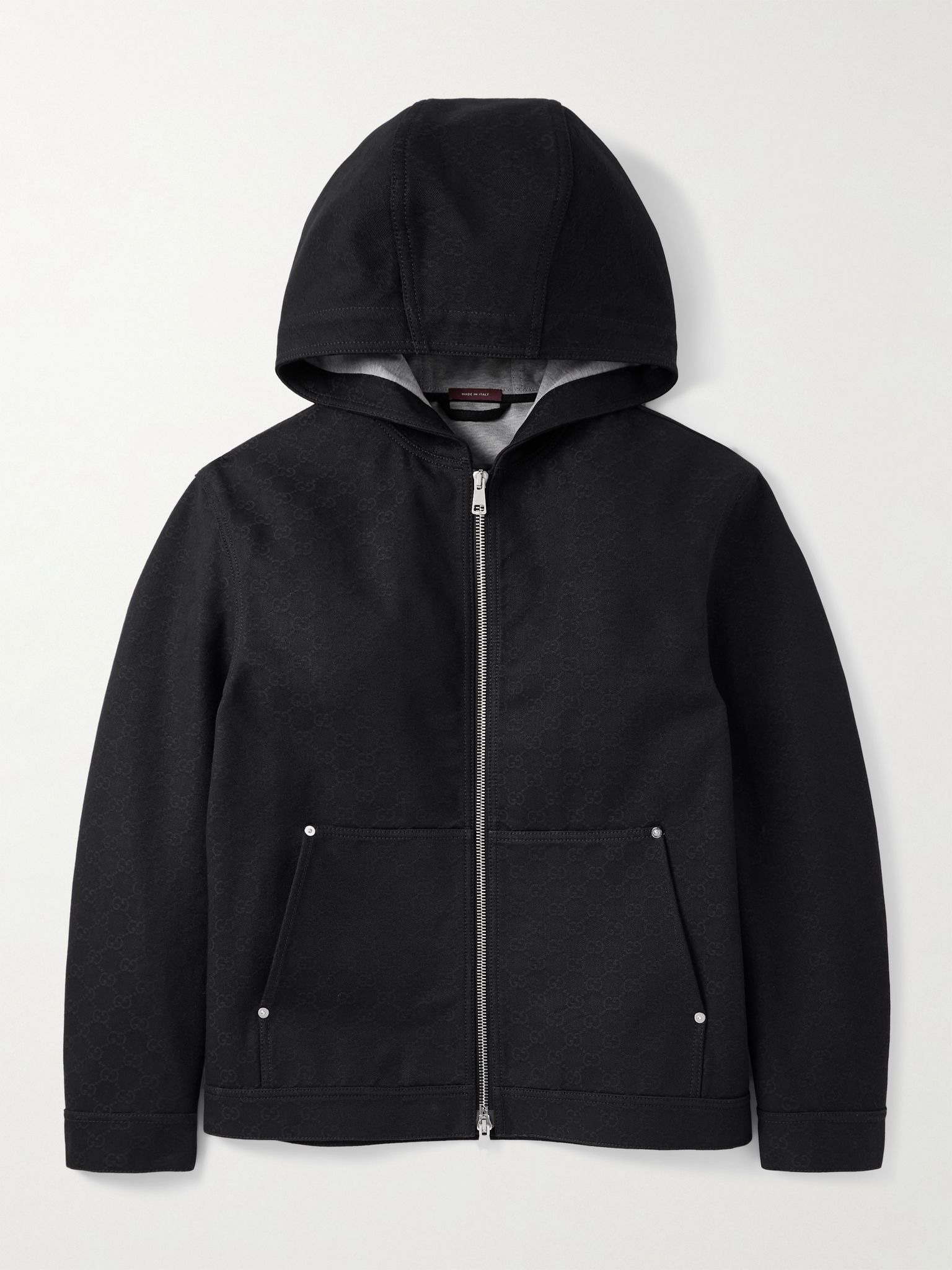 Monogrammed Denim-Jacquard Hooded Jacket Black - 1
