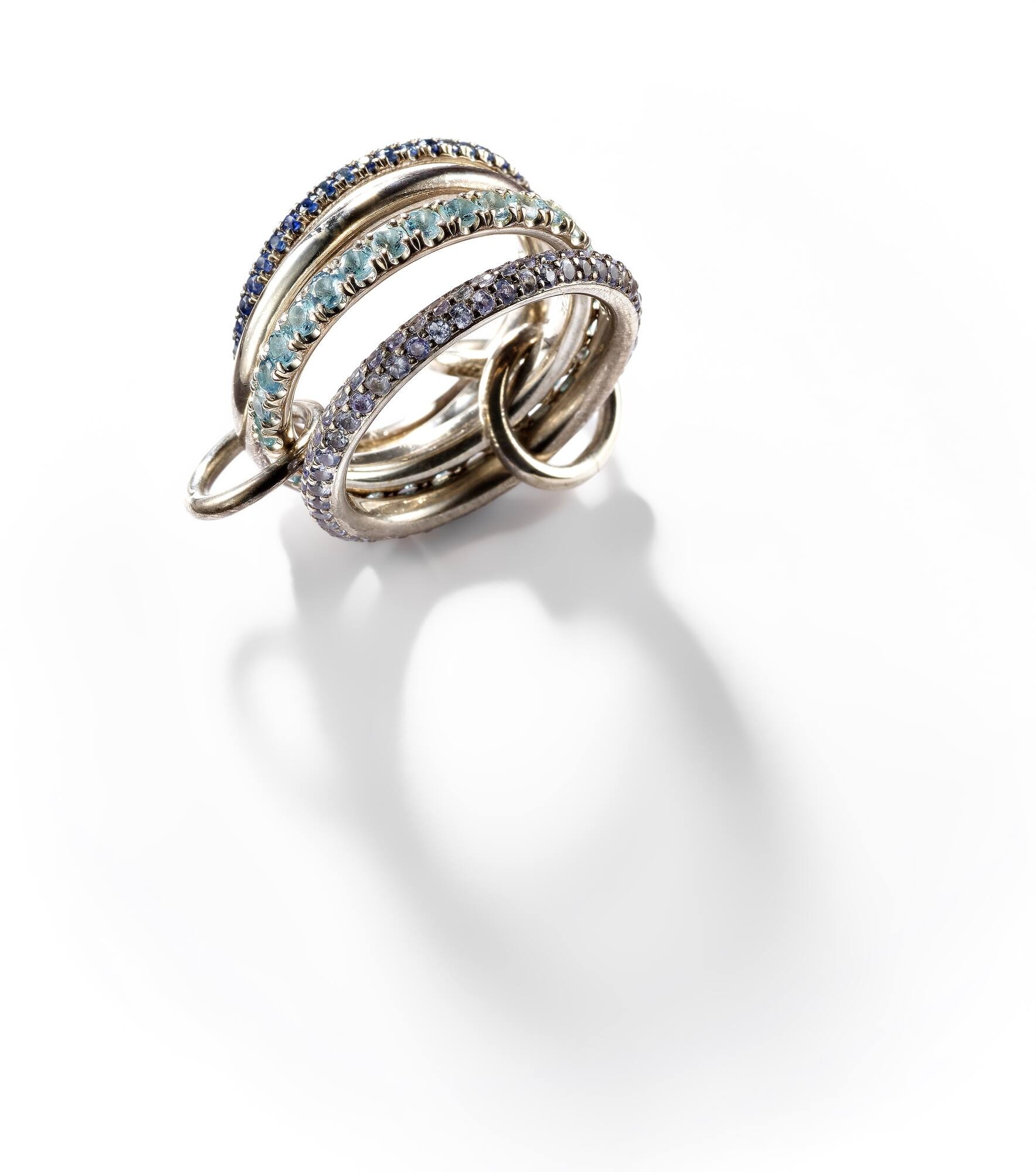 Iris sterling silver linked ring with sapphires, aquamarine and tanzanite - 5