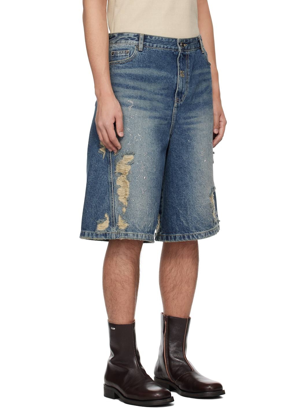 Blue Crystal Embellished Ripped Denim Shorts - 2