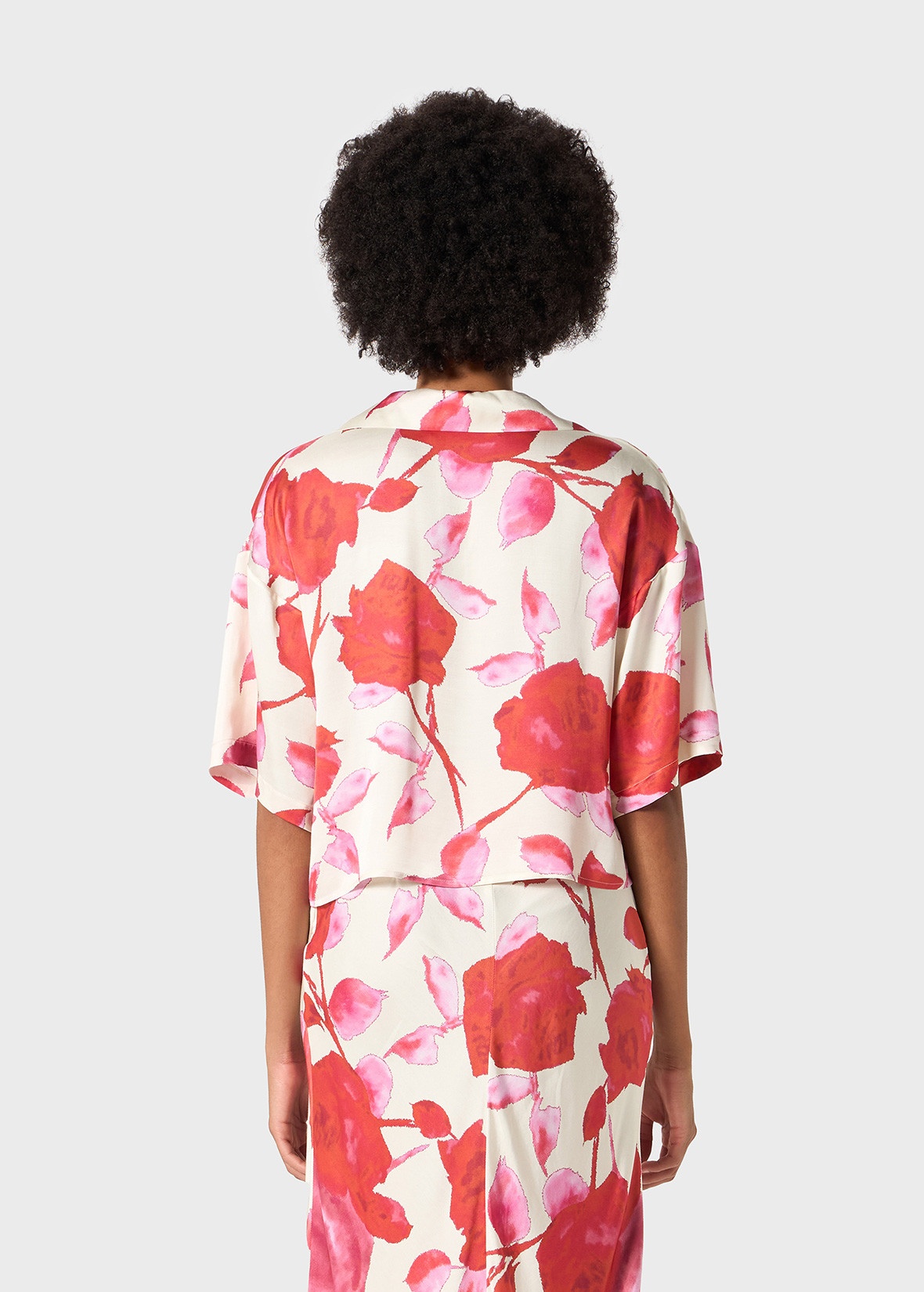 BOXY SATIN SHIRT WITH BLUMARINE RHINESTONE EMBROIDERY LOGO - 4
