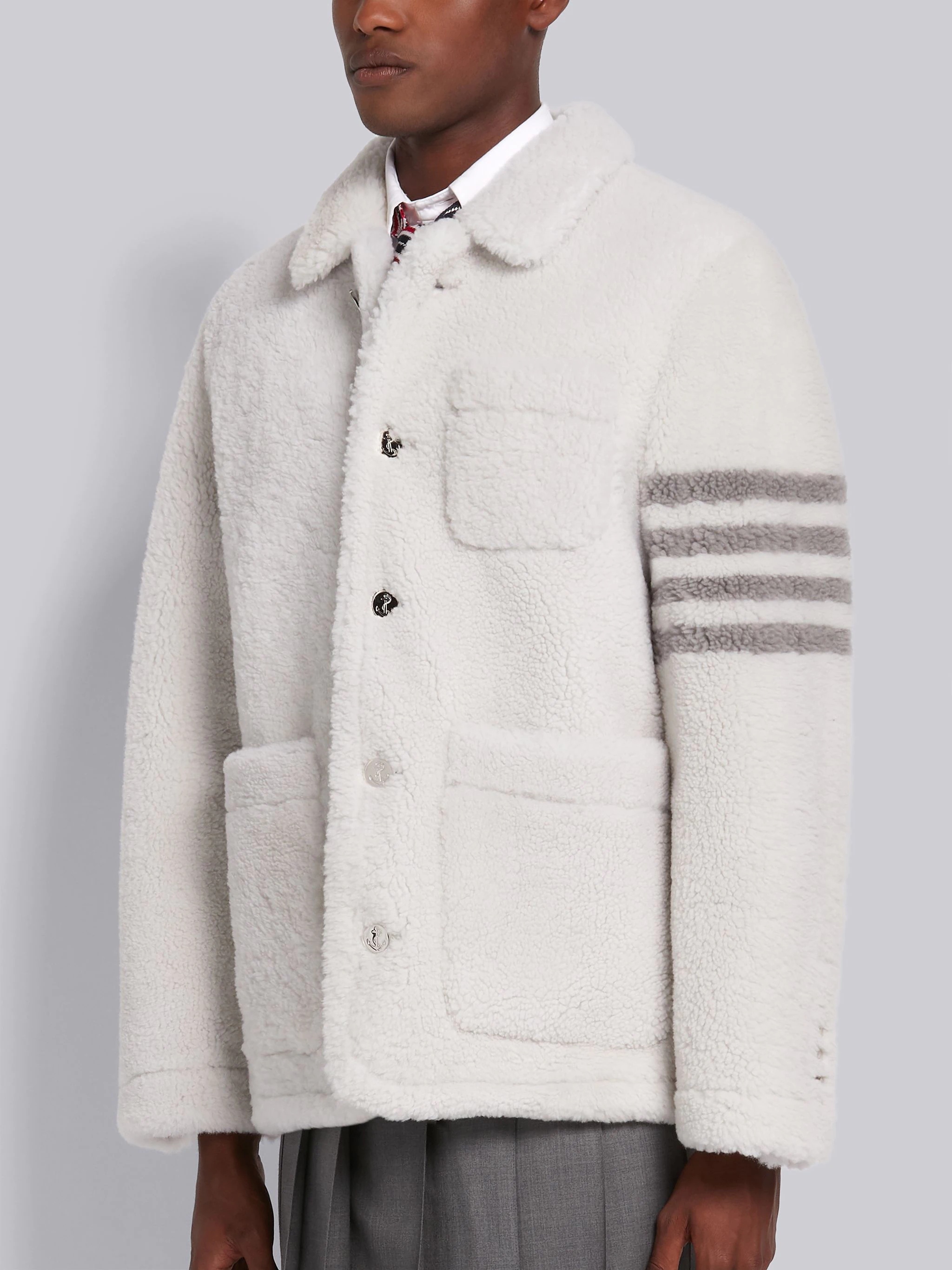 White Dyed Shearling Round Collar 4-Bar Sack Jacket - 2