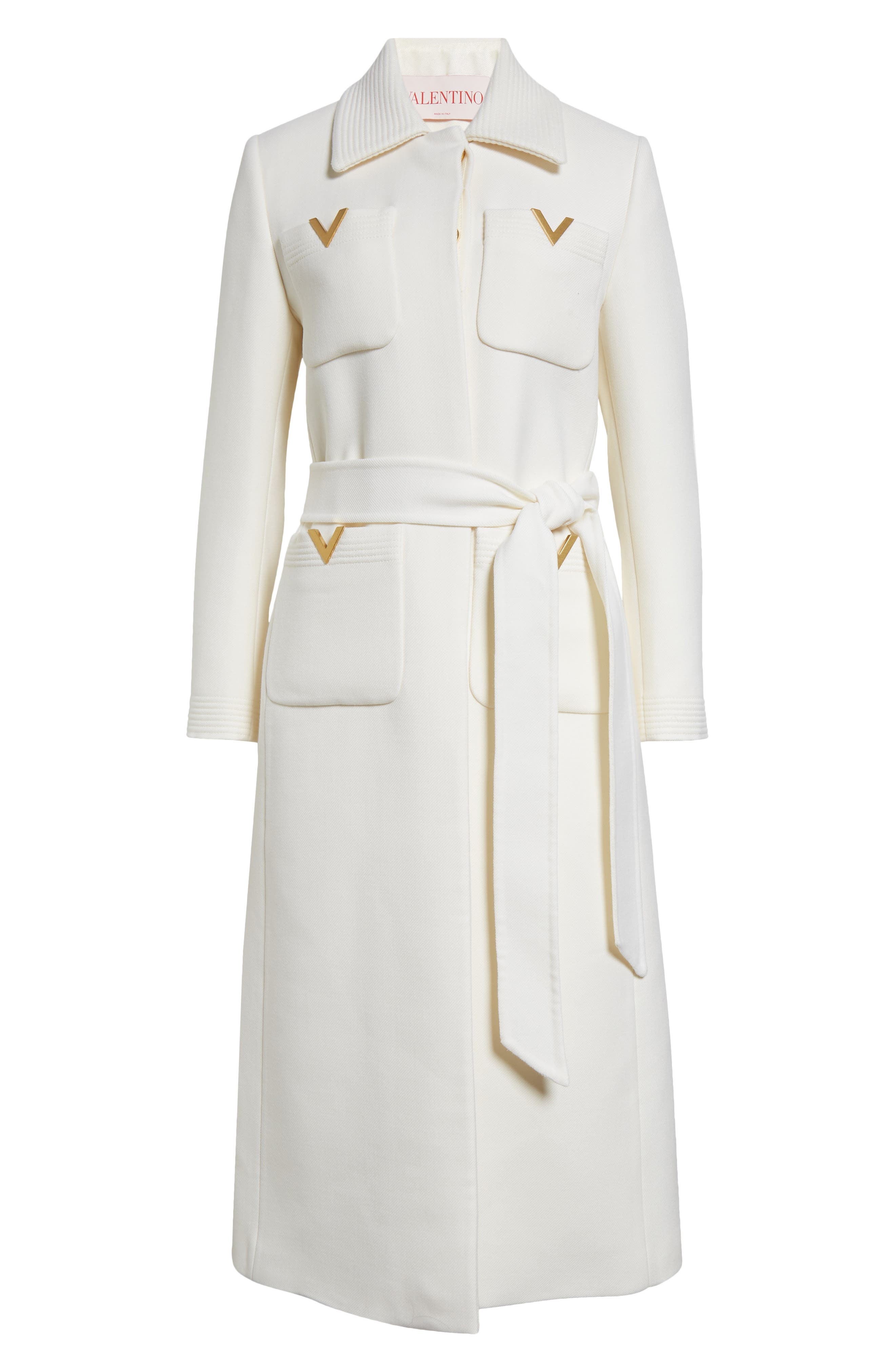 Valentino Garavani V-Detail Belted Virgin Wool & Silk Drill Coat in Avorio at Nordstrom - 6