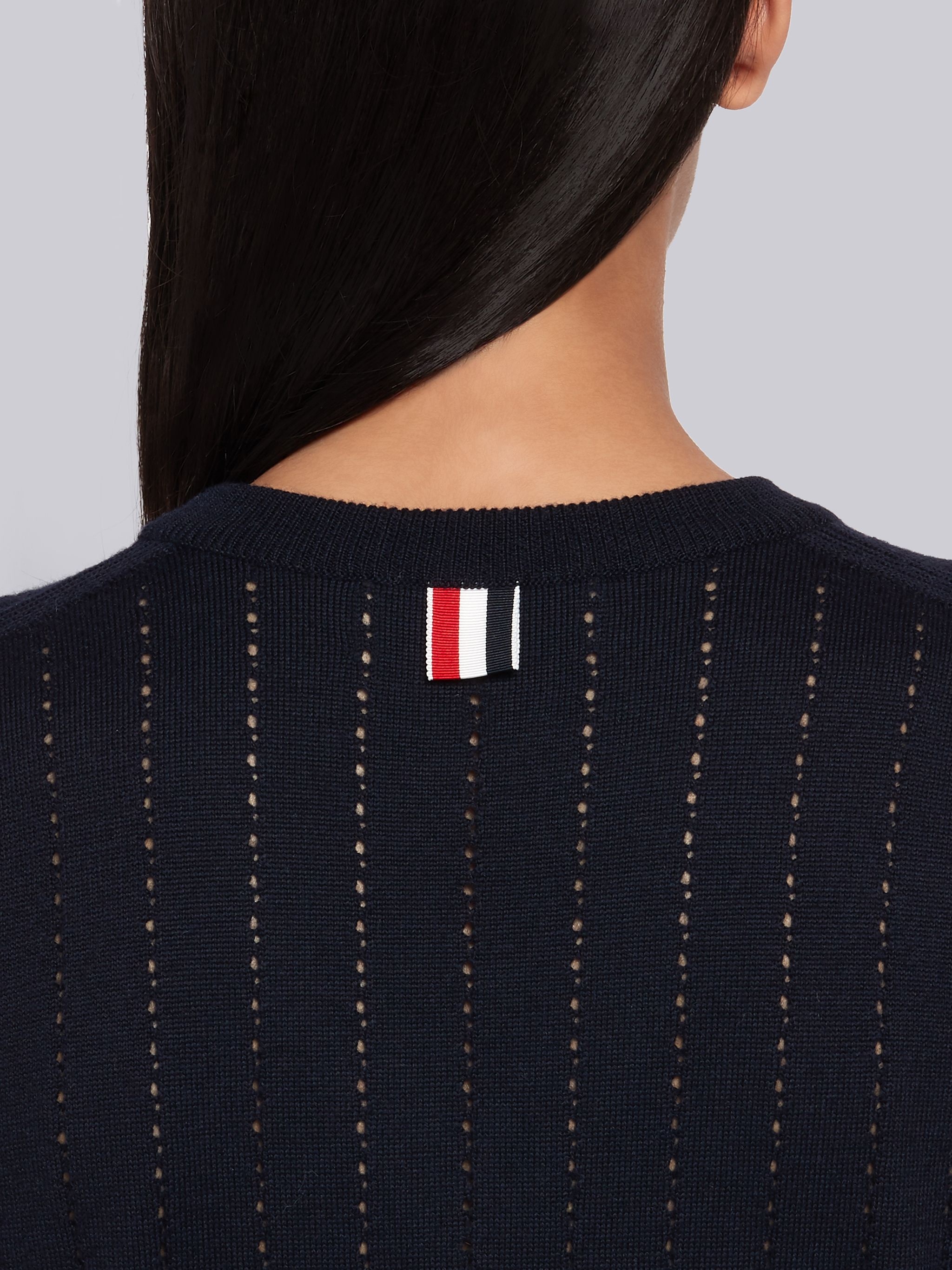 Navy Merino Wool RWB Cuff V-Neck Pleated Dress - 5