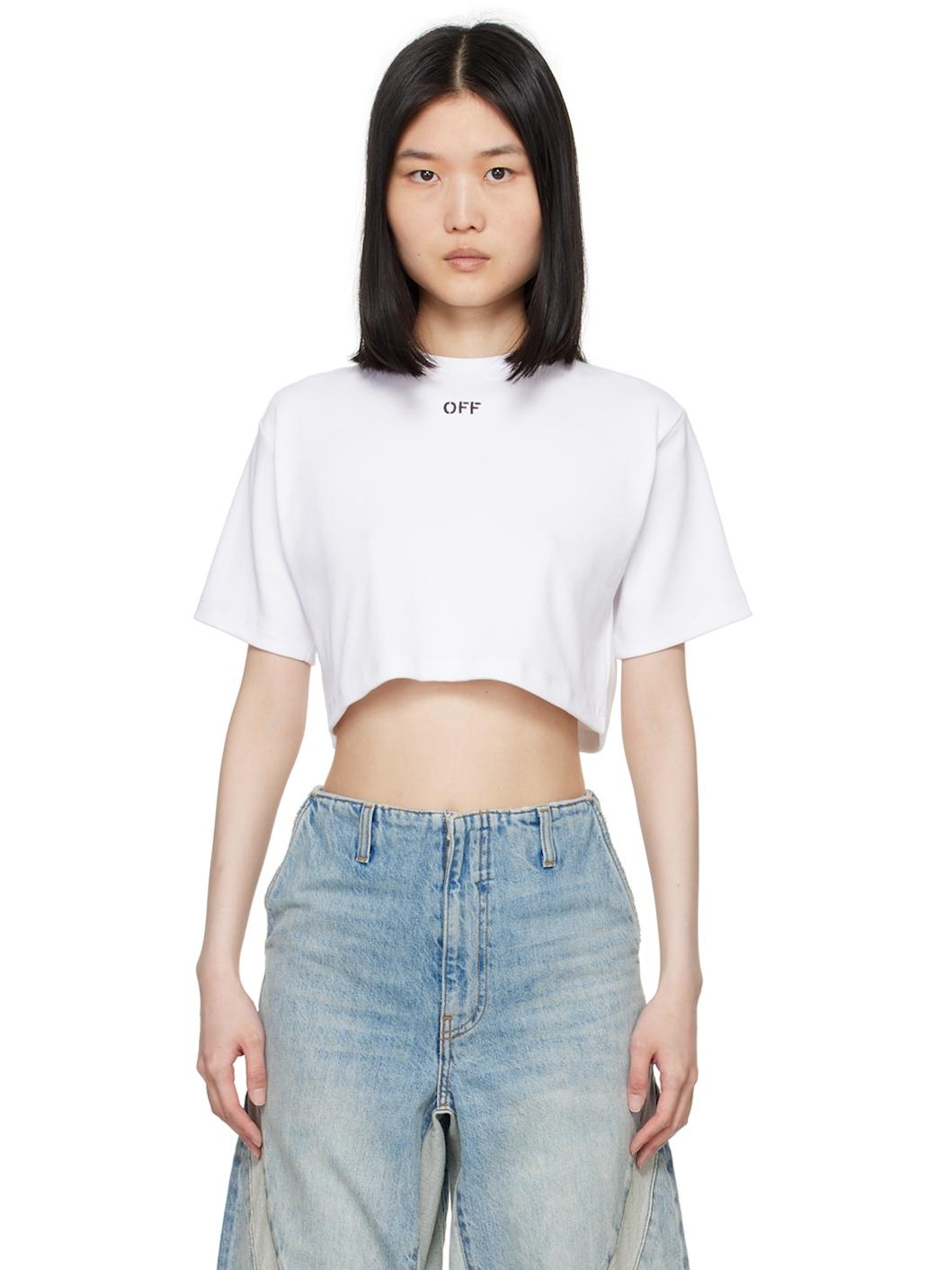 White Off Stamp Rib Cropped T-Shirt - 1