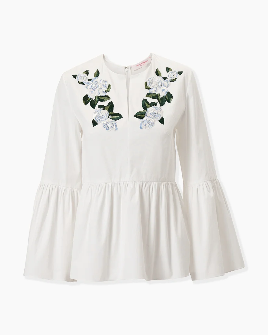 Floral-Embroidered Bell Sleeve Top - 1