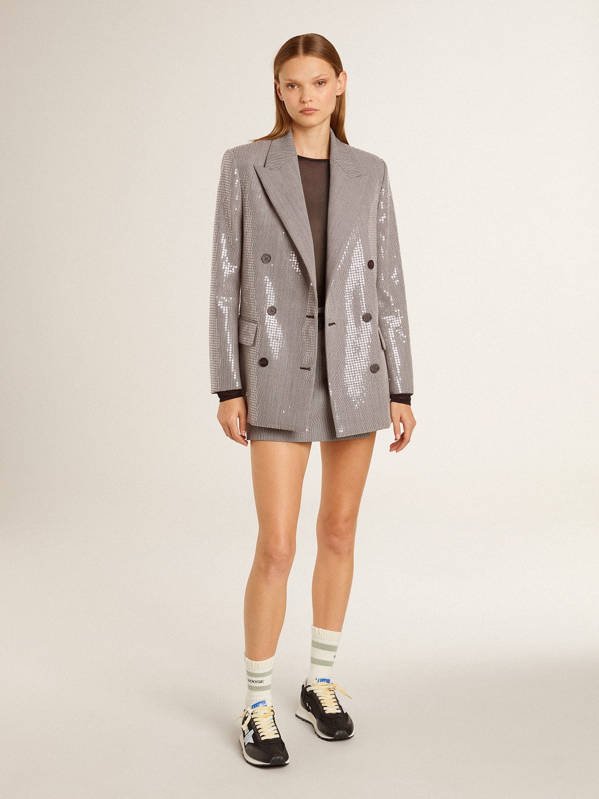 Women's gray mini shorts in houndstooth wool - 3
