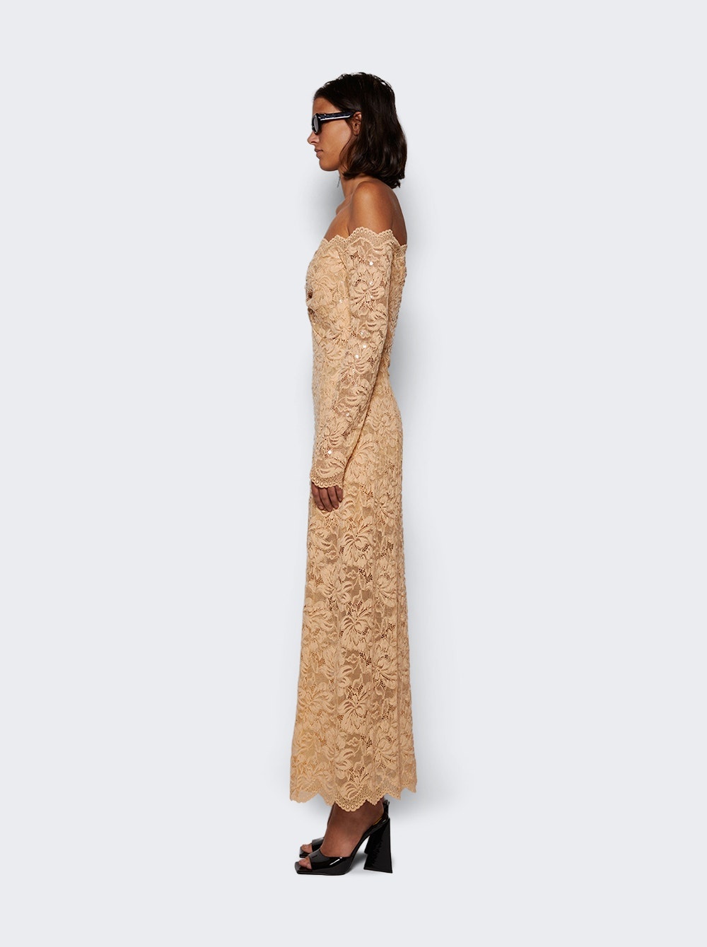 Sequin-embroidered Lace Dress Raffia Beige - 4