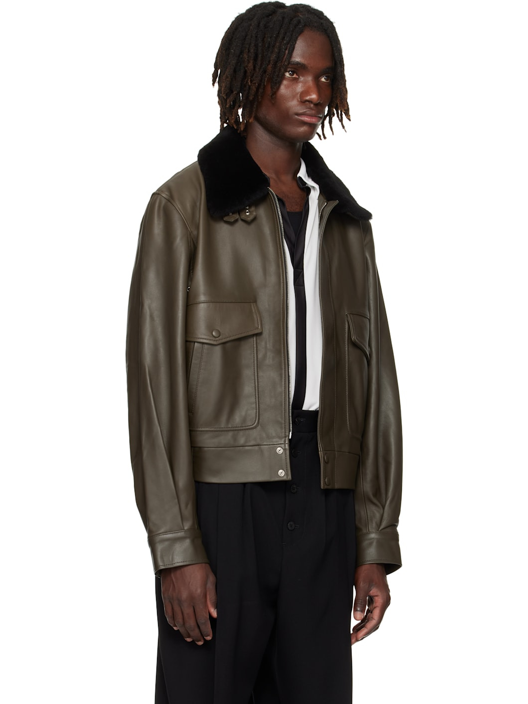 Khaki Aviator Leather Jacket - 2