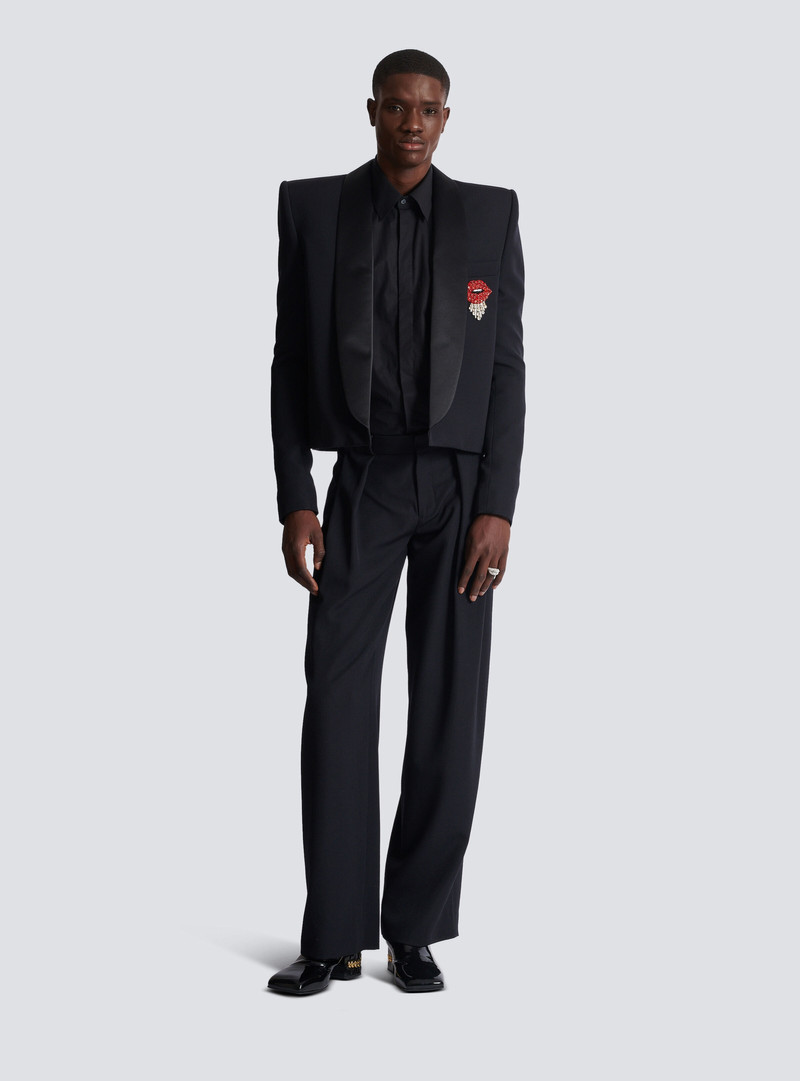 Balmain Cropped grain de poudre jacket with embroidered patch outlook